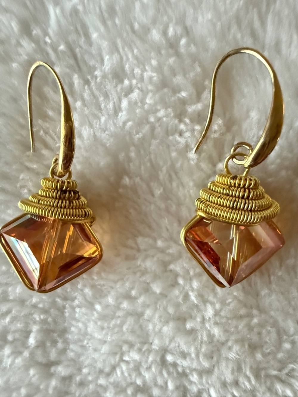 Handmade gold plated faceted square dangle earrings wire wrapped cone